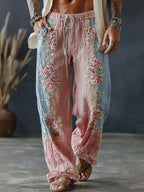 Men's Spring Floral Embroidered Art Print Flowy Linen Blend Pants