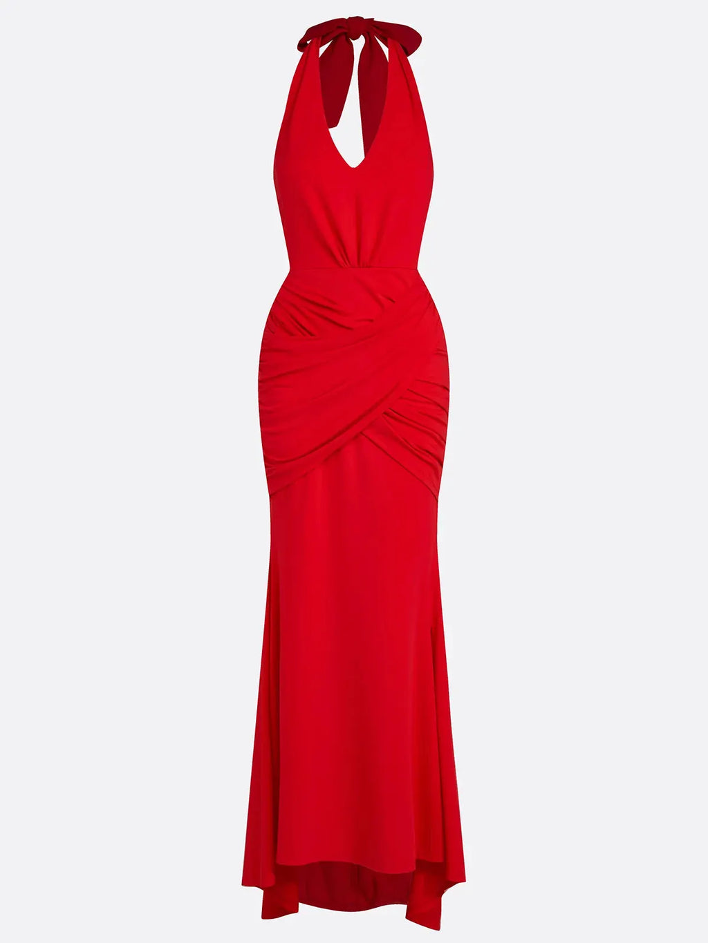 Red Ruched Knit Halter Sleeveless Bodycon Gown Dress
