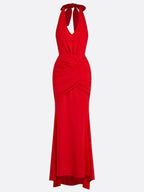 Red Ruched Knit Halter Sleeveless Bodycon Gown Dress