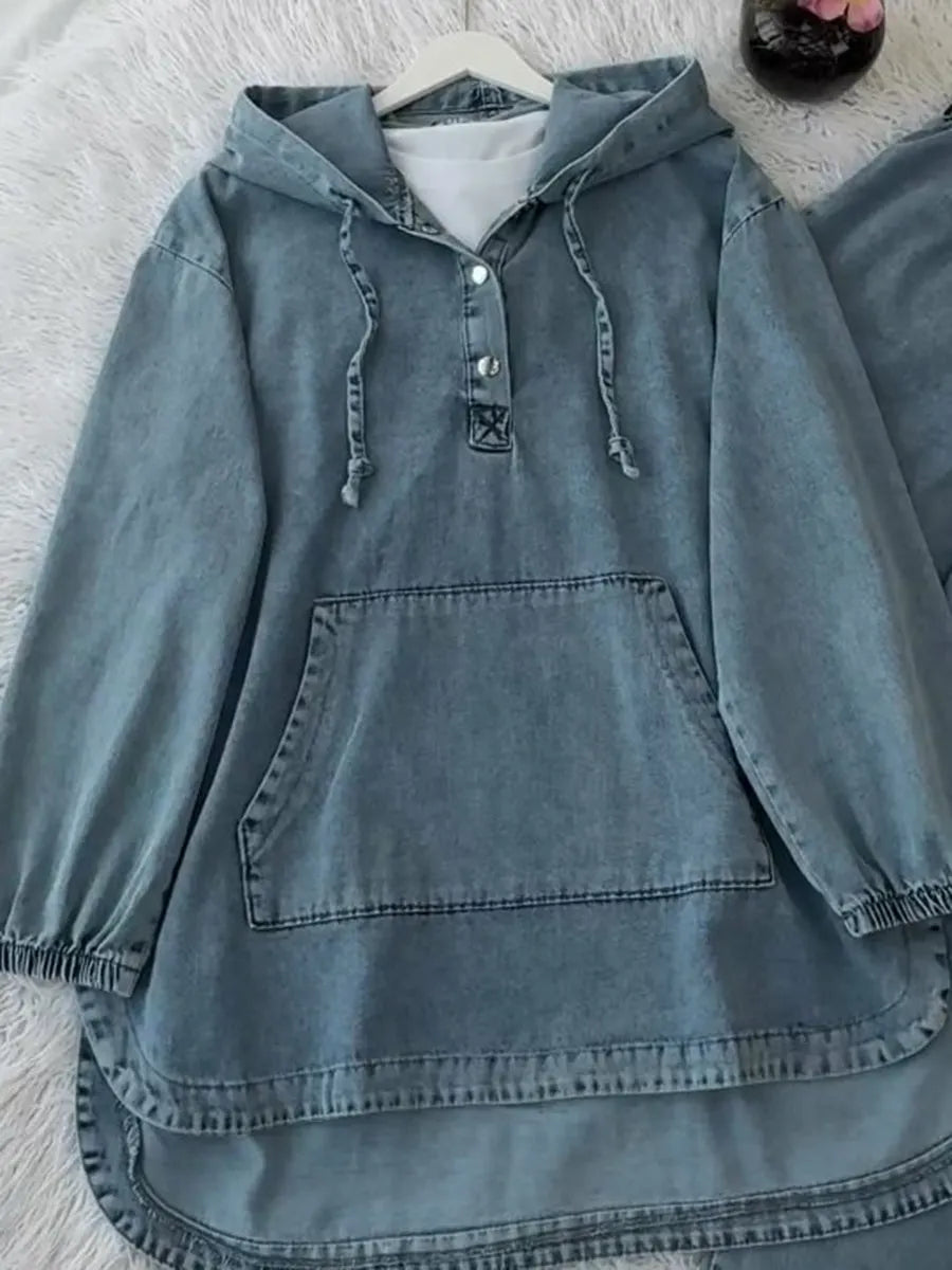 Casual Hooded Button-up Denim Two-piece Set