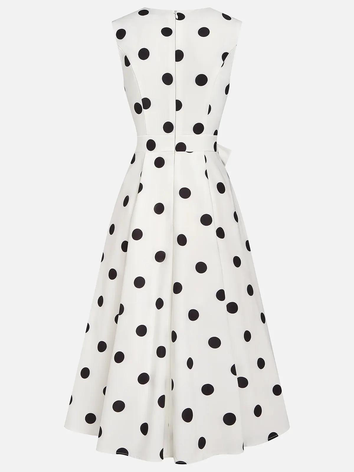 White Polka Dots V Neck Sleeveless A-Line Midi Dress