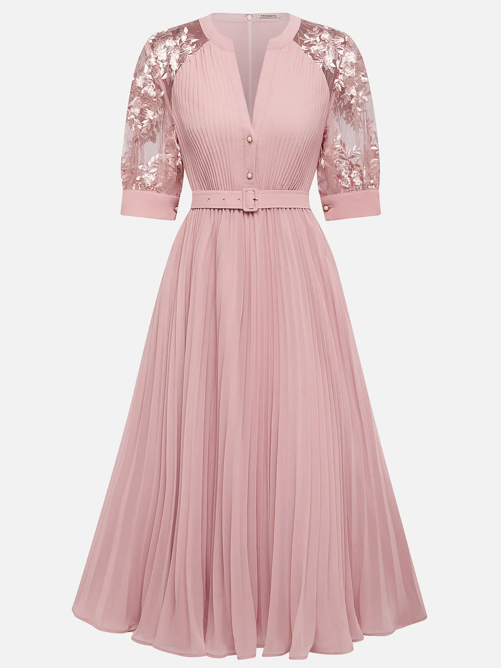 Pink Pleated Lace V Neck A-Line Midi Chiffon Dress