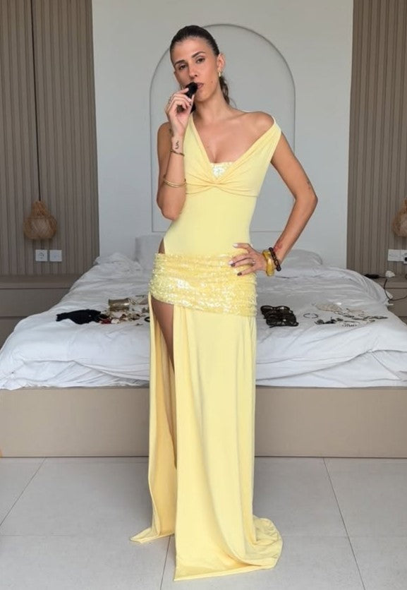 Cream Yellow Halter Backless Sequin Waist-Cinching Split Maxi Dress
