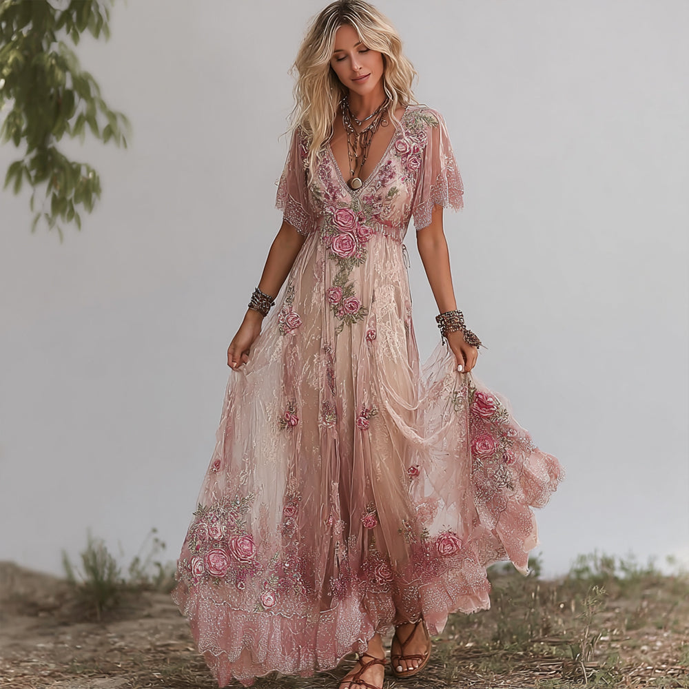 Women's Retro Rose And Sequin Embroidery Art V-neck Short Sleeve Dress