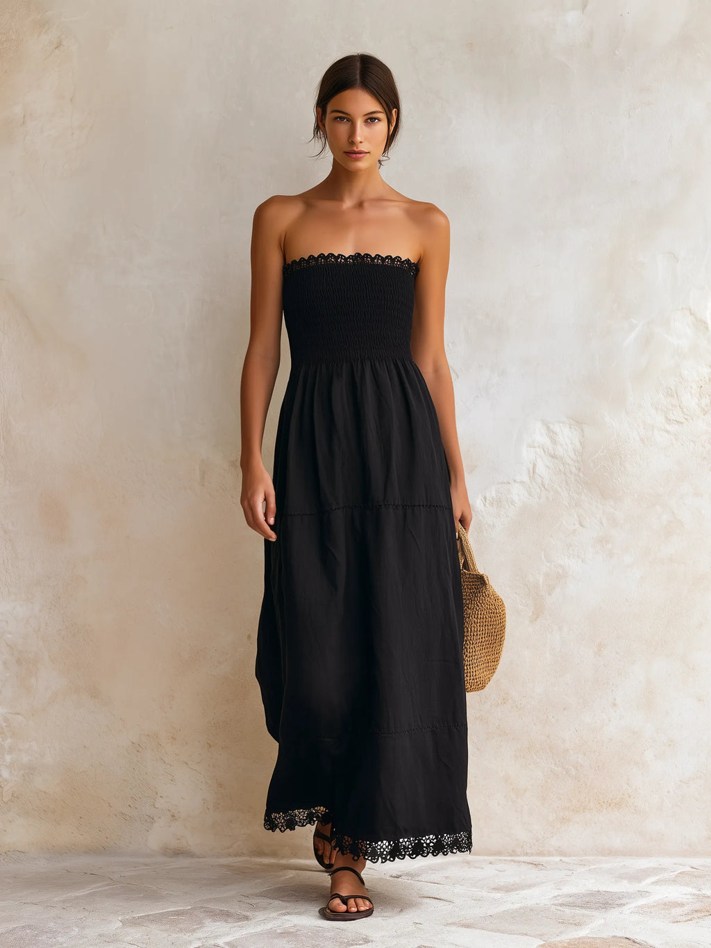 Black Cotton-Linen Blend Strapless Lace Trim Tiered Maxi Dress