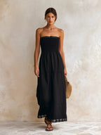 Black Cotton-Linen Blend Strapless Lace Trim Tiered Maxi Dress