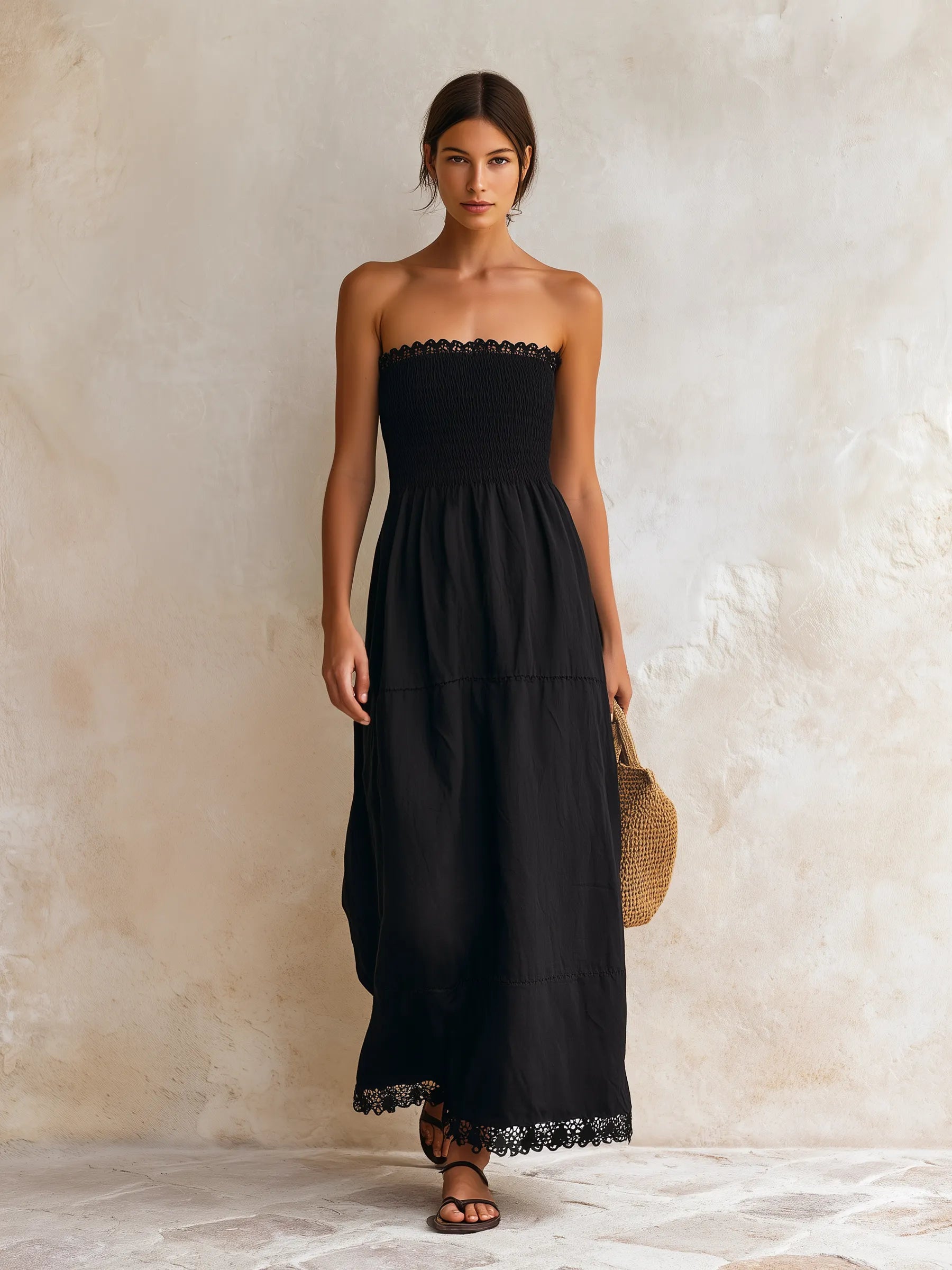 Black Cotton-Linen Blend Strapless Lace Trim Tiered Maxi Dress
