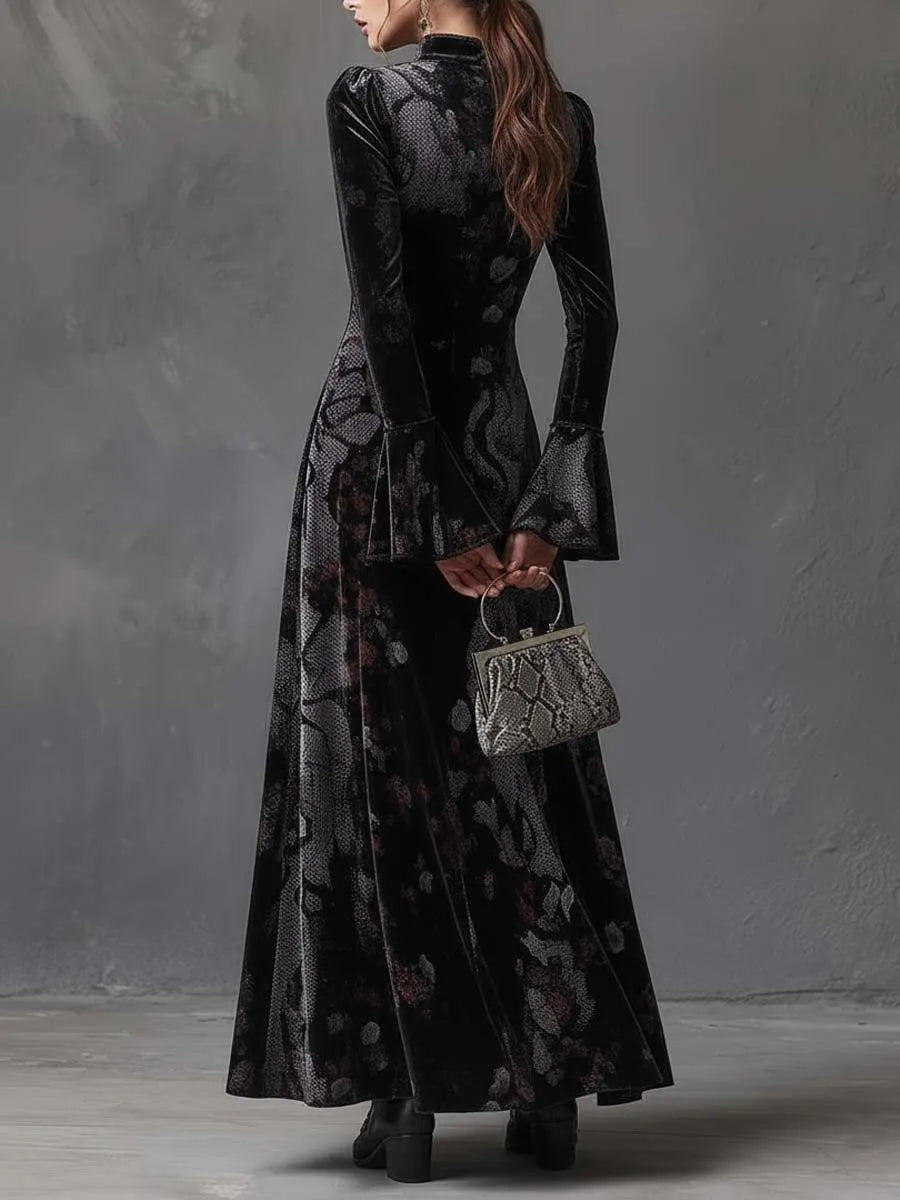 Velvet Maxi Dress With Snake & Floral Print