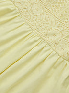 Midi Cotton Dress, Sleeveless, Round Neck, Plain, Lace, French Vintage, Light Yellow