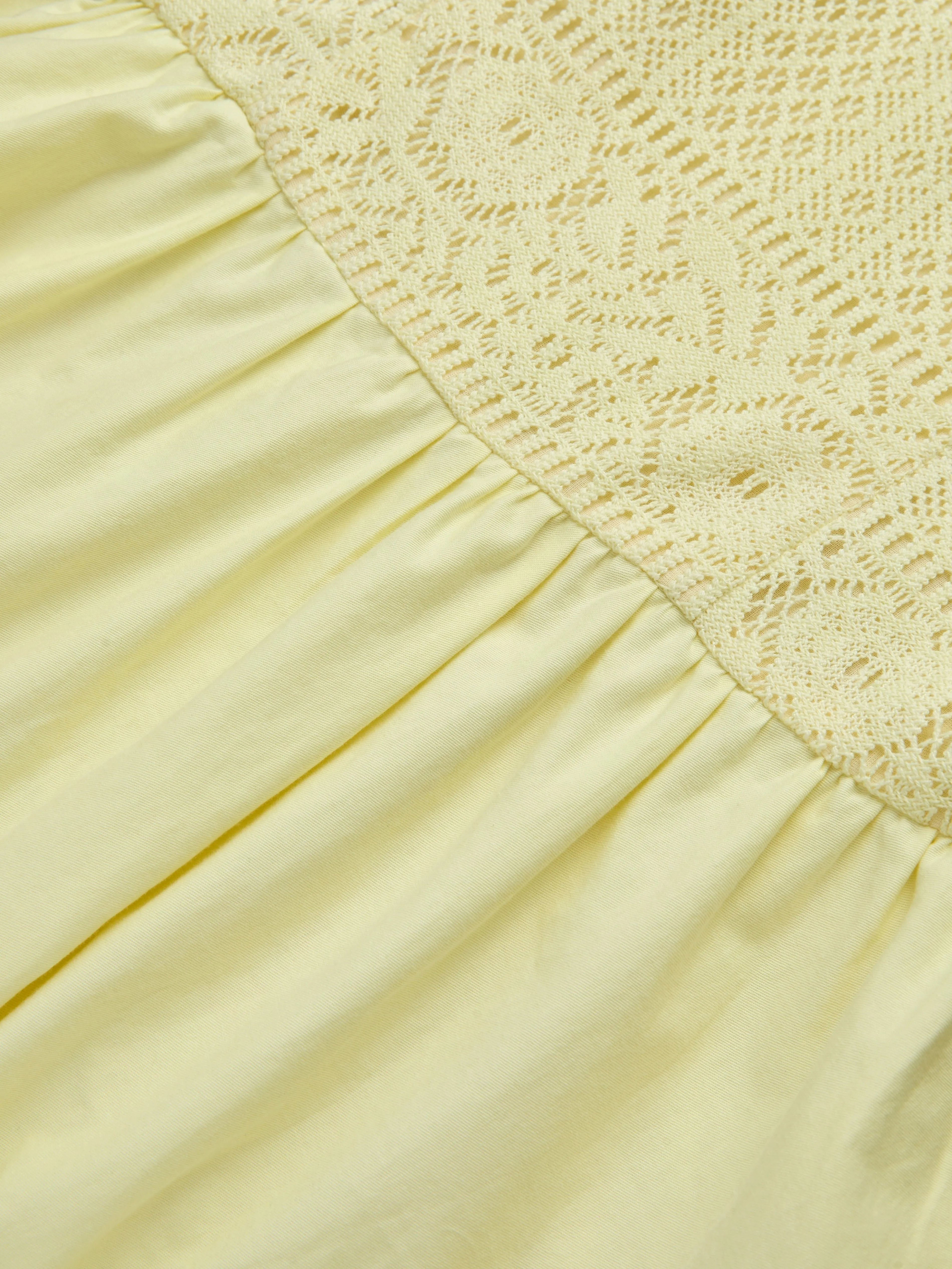 Midi Cotton Dress, Sleeveless, Round Neck, Plain, Lace, French Vintage, Light Yellow