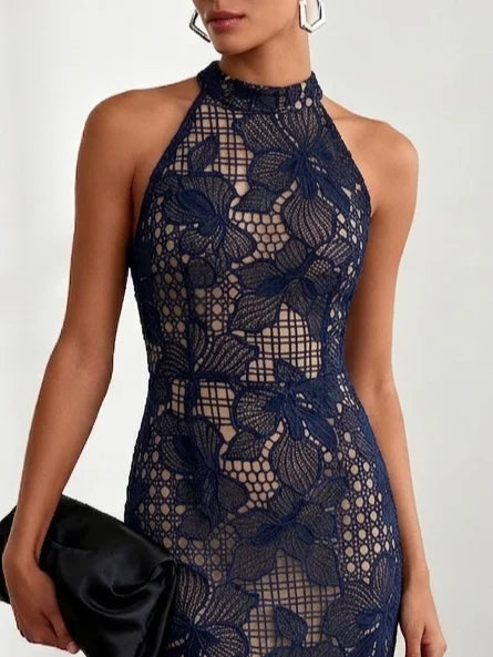 Navy Blue Lace Halter Neck Sleeveless Mermaid Midi Dress