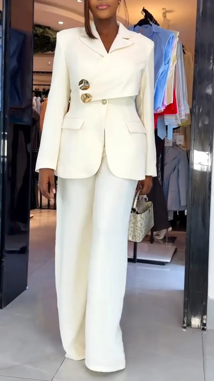 Wrap Detail Blazer & Wide Leg Pant Suit Set