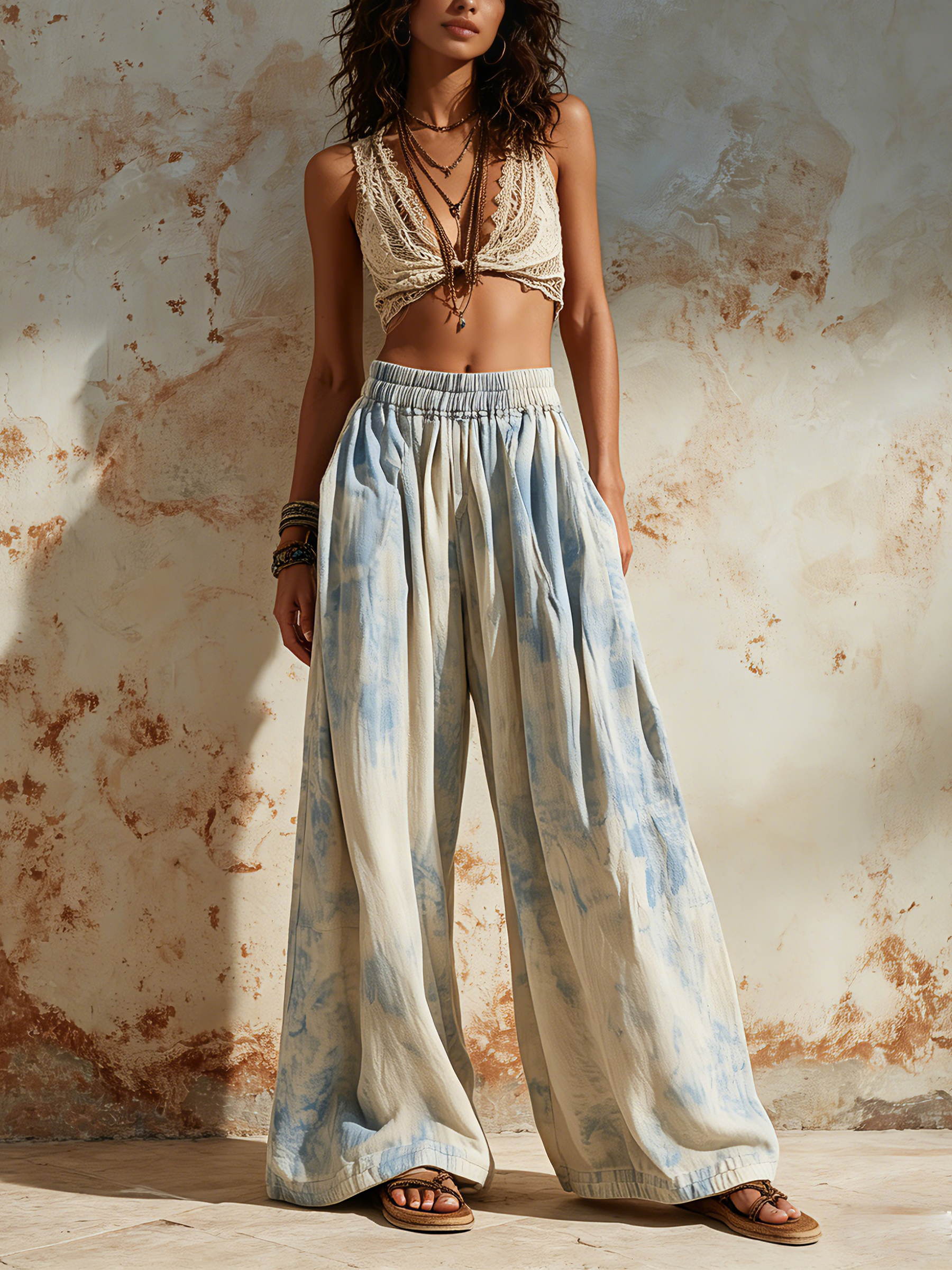 Beige High-Waisted Wide-Leg Pants With Elastic Waistband