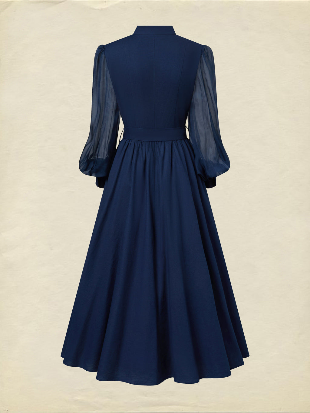 Maxi Cotton Dress, Long Sleeves, Stand Collar, Plain, Belt Design, French Vintage, Blue Purple
