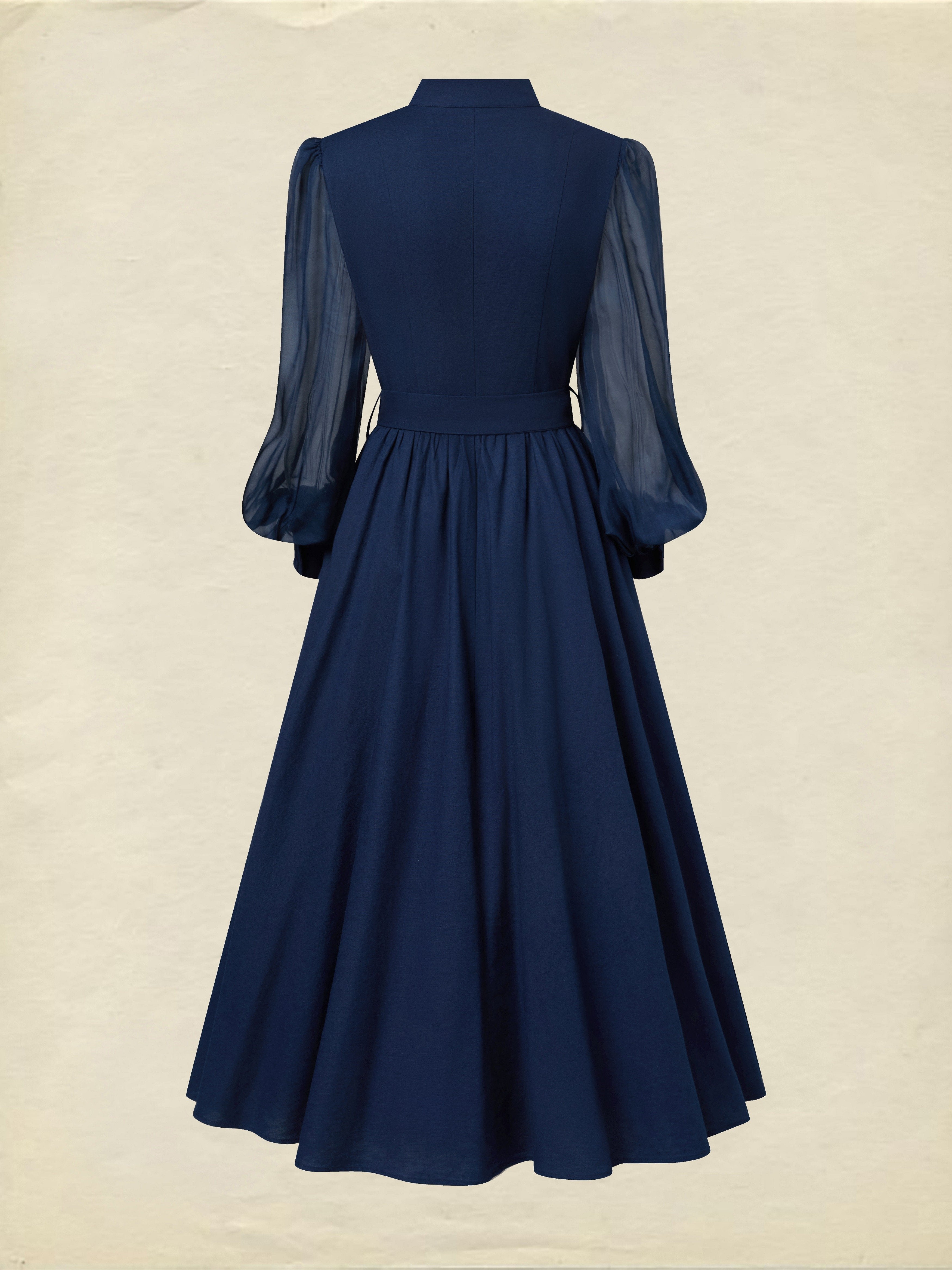 Maxi Cotton Dress, Long Sleeves, Stand Collar, Plain, Belt Design, French Vintage, Blue Purple