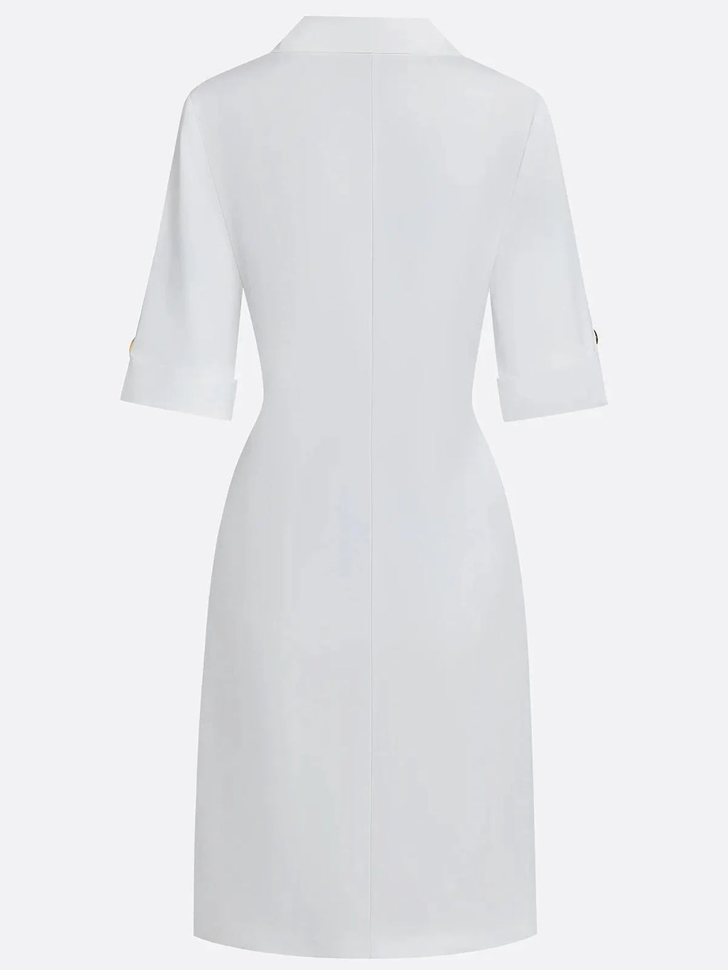 White Buckle Cotton Shirt Collar Short Sleeve Sheath Midi  Dress