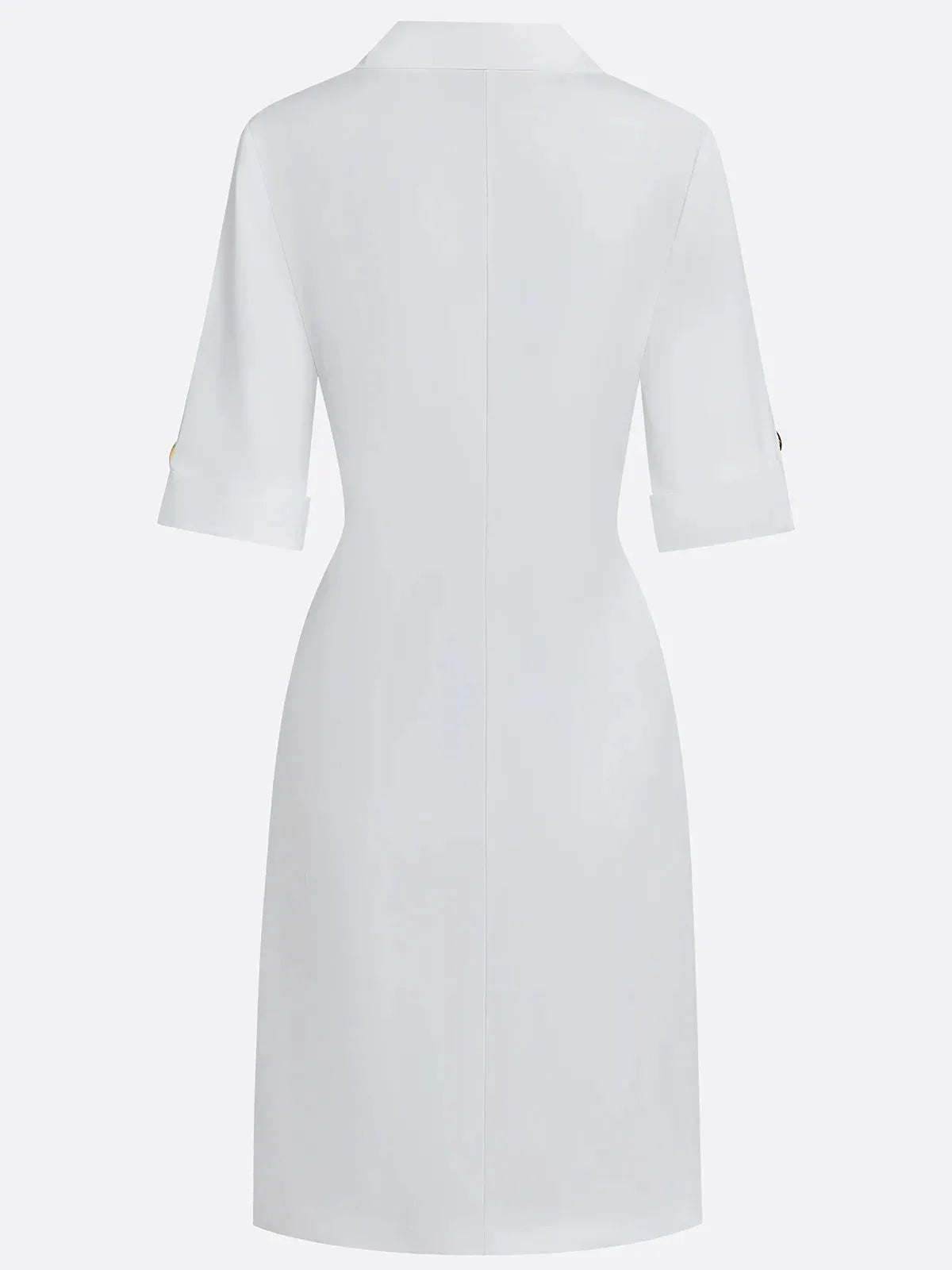 White Buckle Cotton Shirt Collar Short Sleeve Sheath Midi  Dress