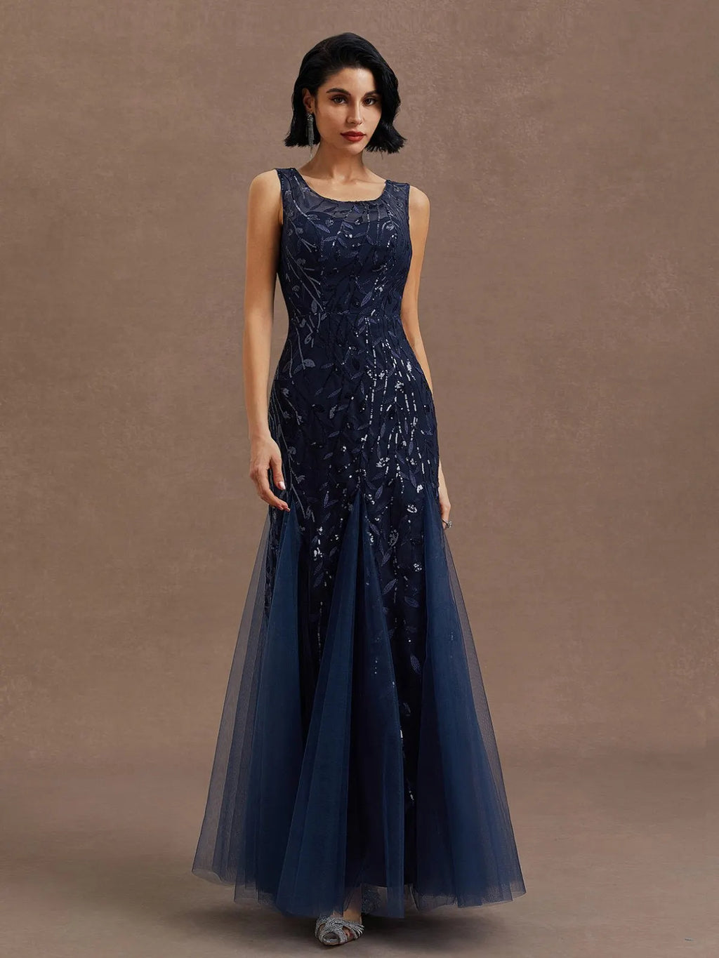 Purplish Blue Sequin Crew Neck Sleeveless Sheath Maxi Mother of the Bride or Groom Dress