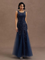 Purplish Blue Sequin Crew Neck Sleeveless Sheath Maxi Mother of the Bride or Groom Dress