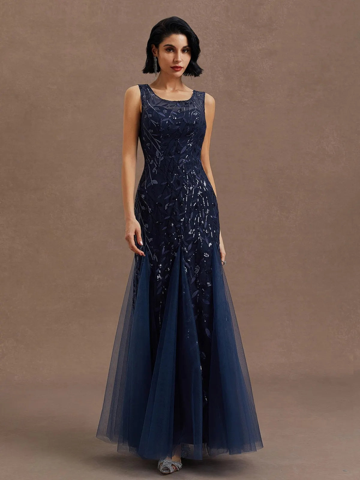 Purplish Blue Sequin Crew Neck Sleeveless Sheath Maxi Mother of the Bride or Groom Dress