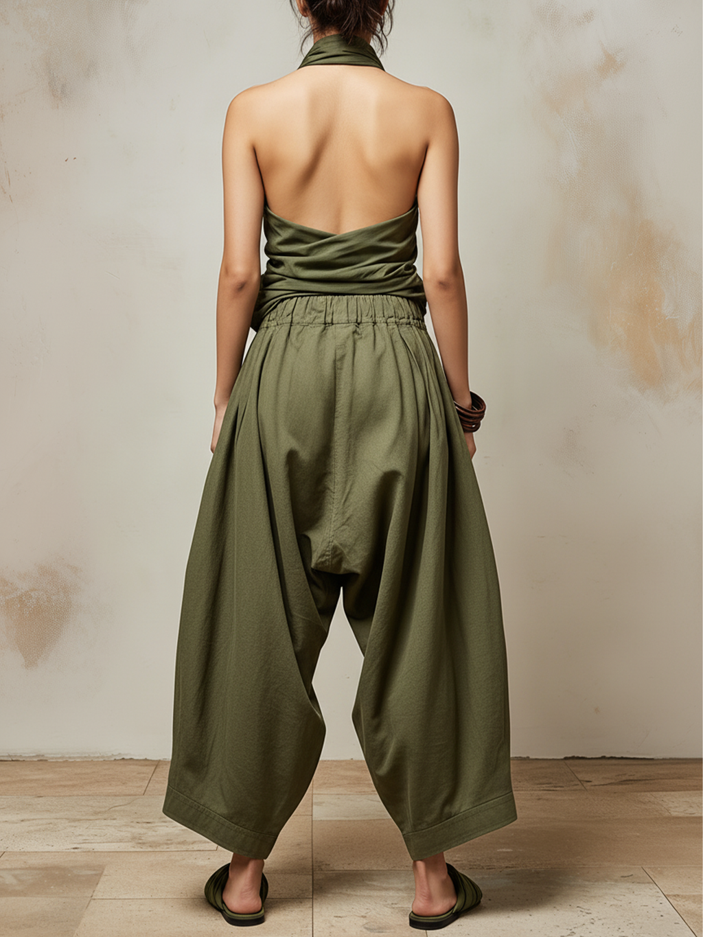 Olive Green Halter Top & Barrel Pants Two-Piece Set