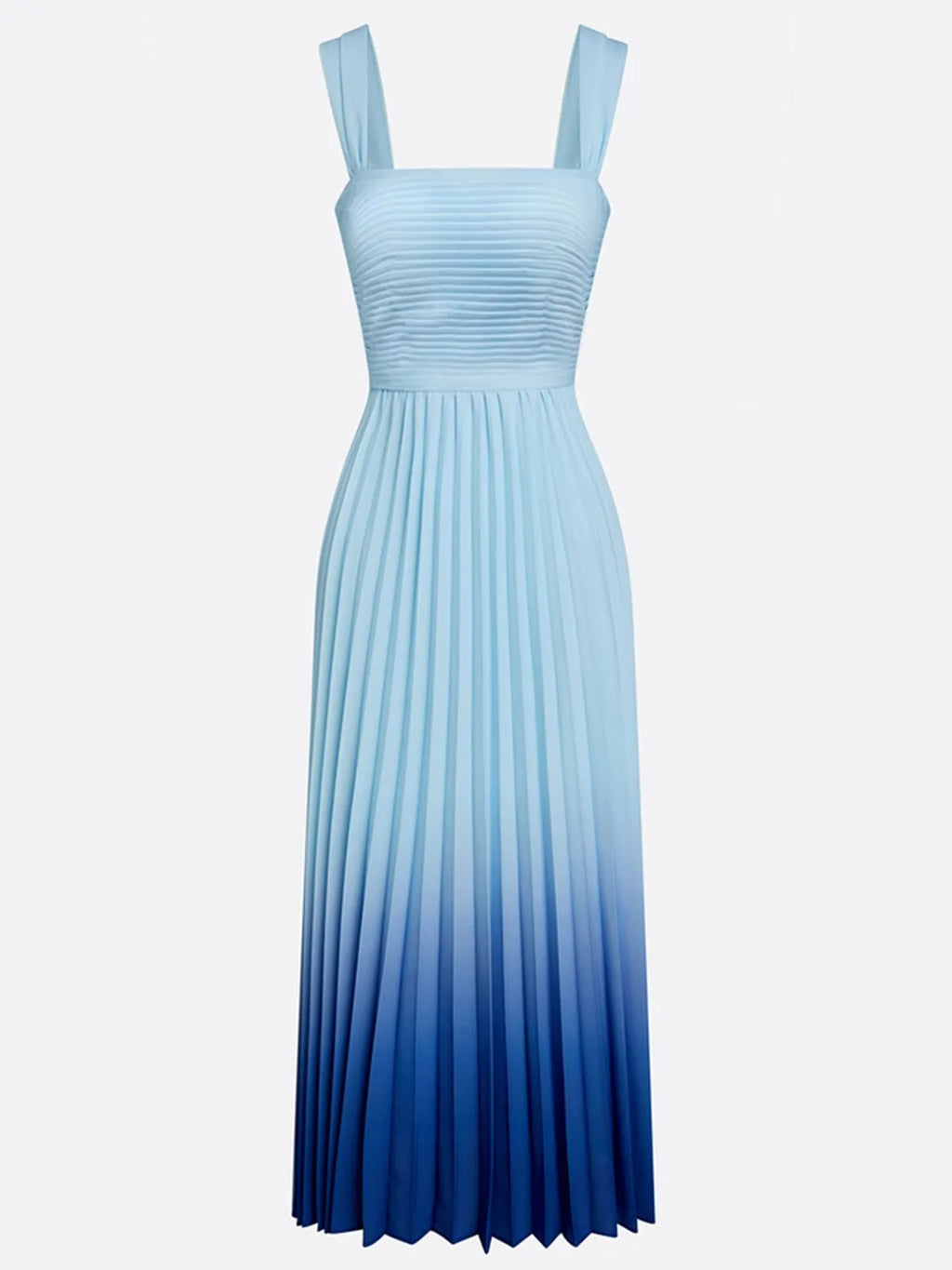 Light Blue Ombre Pleated Chiffon Square Neck Sleeveless A-Line Midi Dress