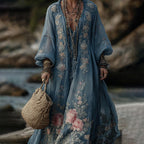 Vintage Floral Embroidered V Neck Comfy Maxi Dress