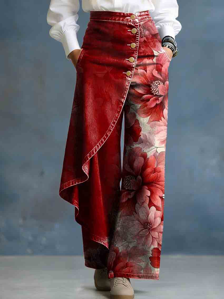 Women's Vintage Red Floral Art Stylish Design High-waisted Relaxed Fit Wide-leg Jeans