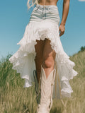 Romantic And Fashionable Short Front And Long Back Lace Patchwork Denim Skirt