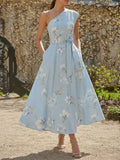 Maxi Linen Dress, Sleeveless, One Shoulder, Floral, Belt Design, Vacation, Vintage, Blue