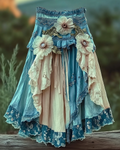 Summer Vacation Ruffle Lace Contrast Color Denim Skirt 9083