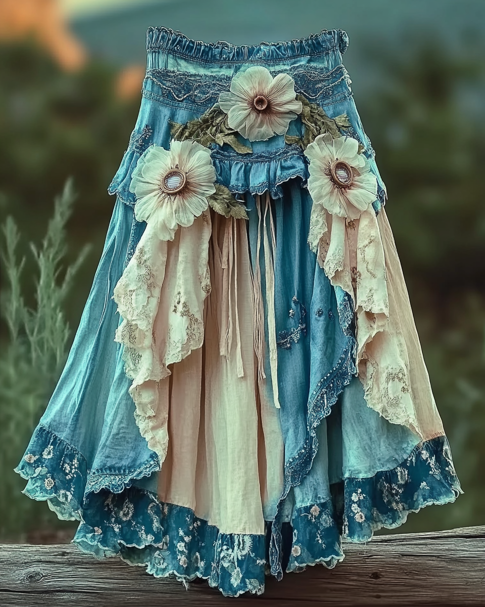 Summer Vacation Ruffle Lace Contrast Color Denim Skirt 9083