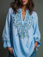 Women's Floral Embroidered Art Print Flowy Linen Blend Casual Tunic