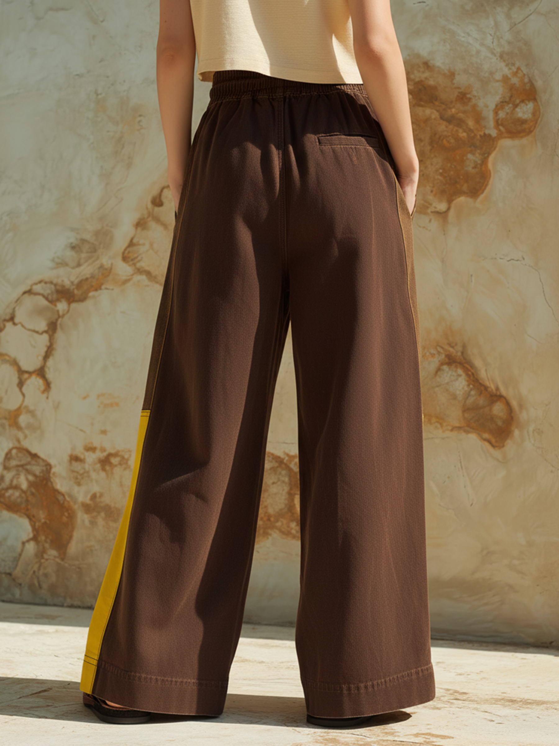 Color-Block Wide-Leg Pants Elastic Drawstring Waist