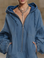 Double-pocket Ruffled Hooded Long-sleeved Denim Mini Dress