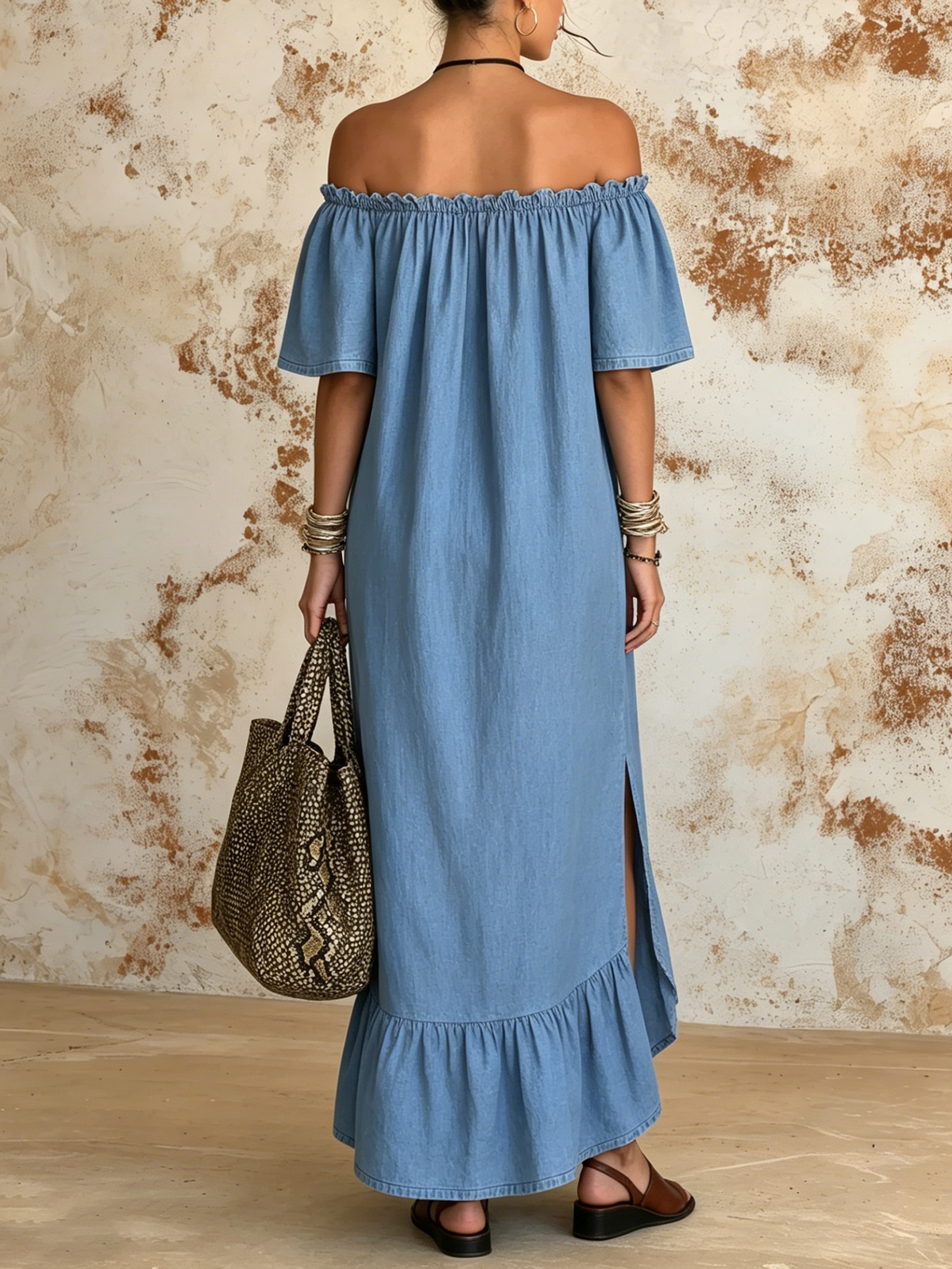 Light Blue Chambray Off-the-Shoulder Ruffle Hem Maxi Dress