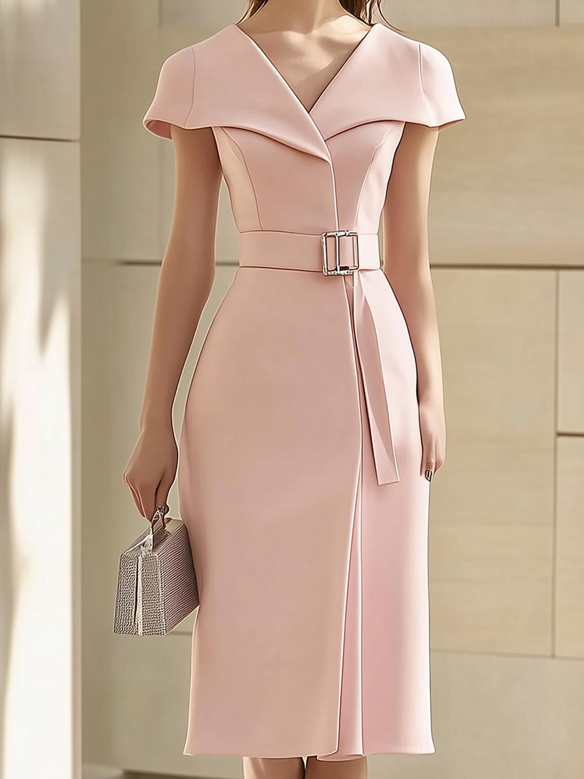 Elegant Pink Midi Dress with Unique Collar Design and Waist Belt