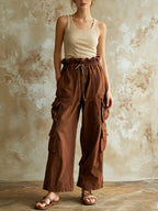 Brown High Waist Wide Leg Cargo Pants