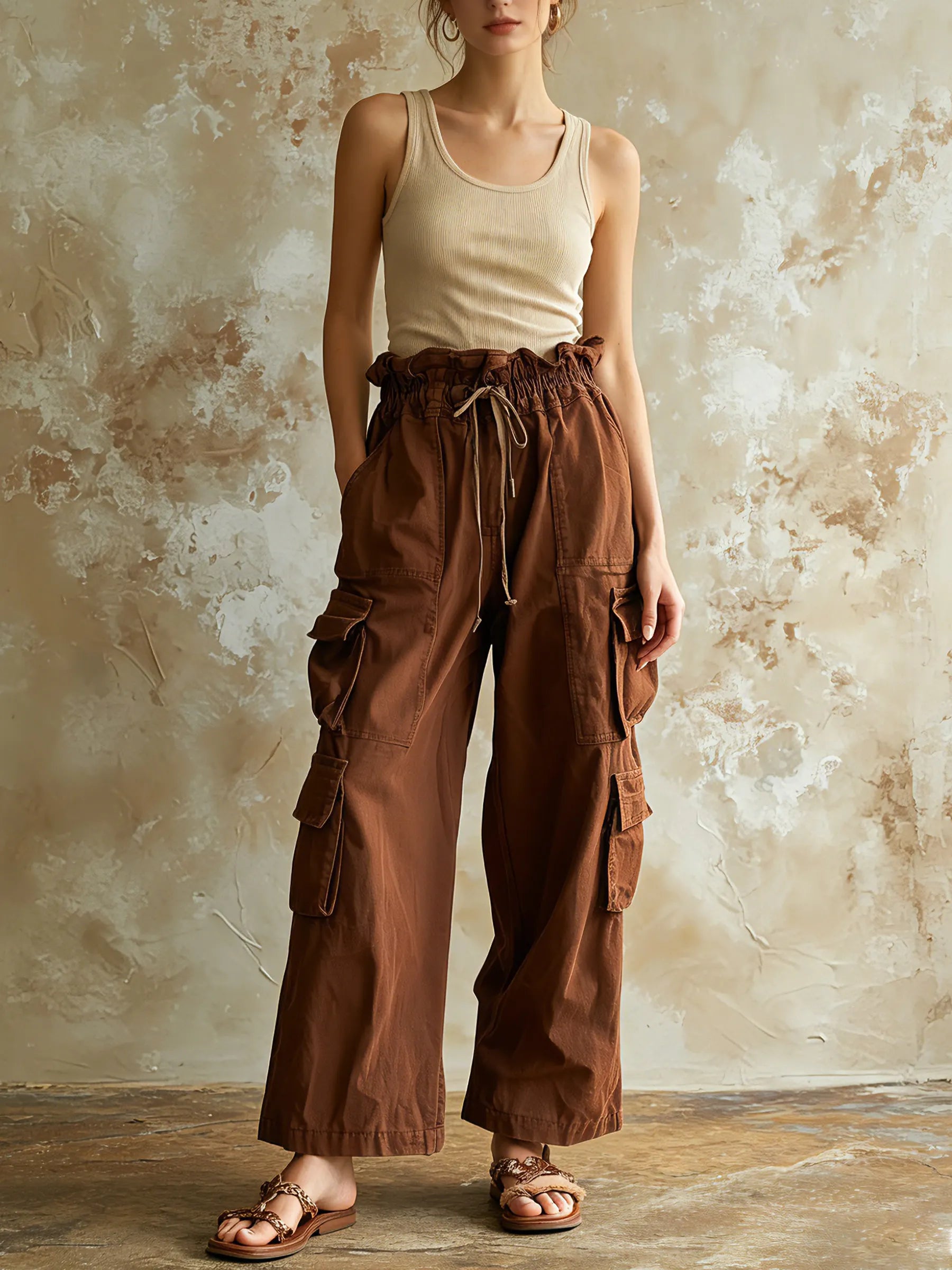 Brown High Waist Wide Leg Cargo Pants