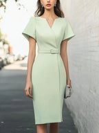 Elegant Mint Green Satin Short-Sleeve Dress With Waist Belt