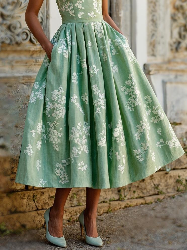 (SIZE:XS-XXL) Midi Linen Dress, Sleeveless, Linen Blend, Floral, Renaissance, Green