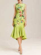 Green Floral Boat Neck Sleeveless Mermaid Midi Dress