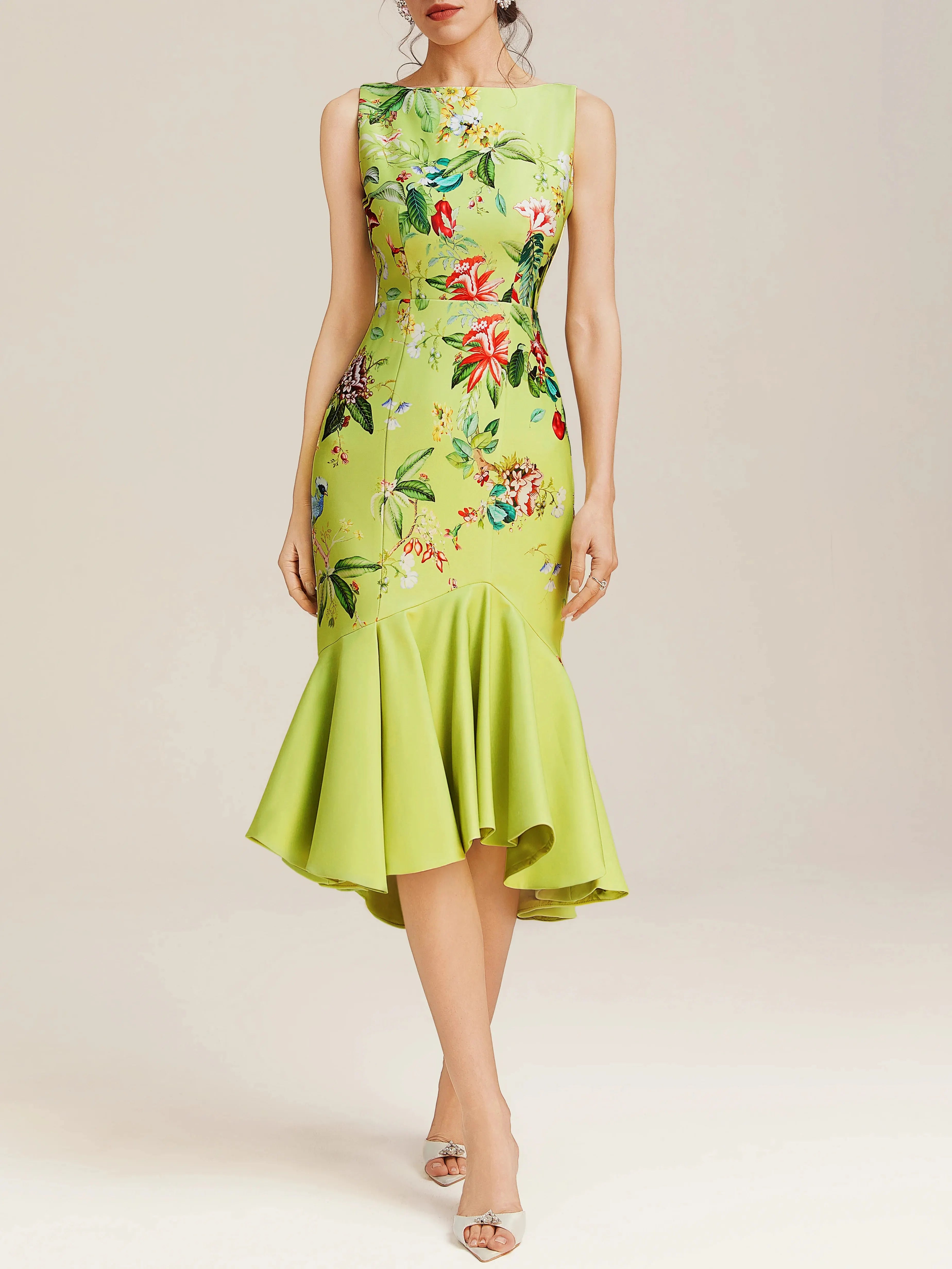 Green Floral Boat Neck Sleeveless Mermaid Midi Dress