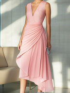 Charming Pink V-neckline Lace and Chiffon Midi Dress