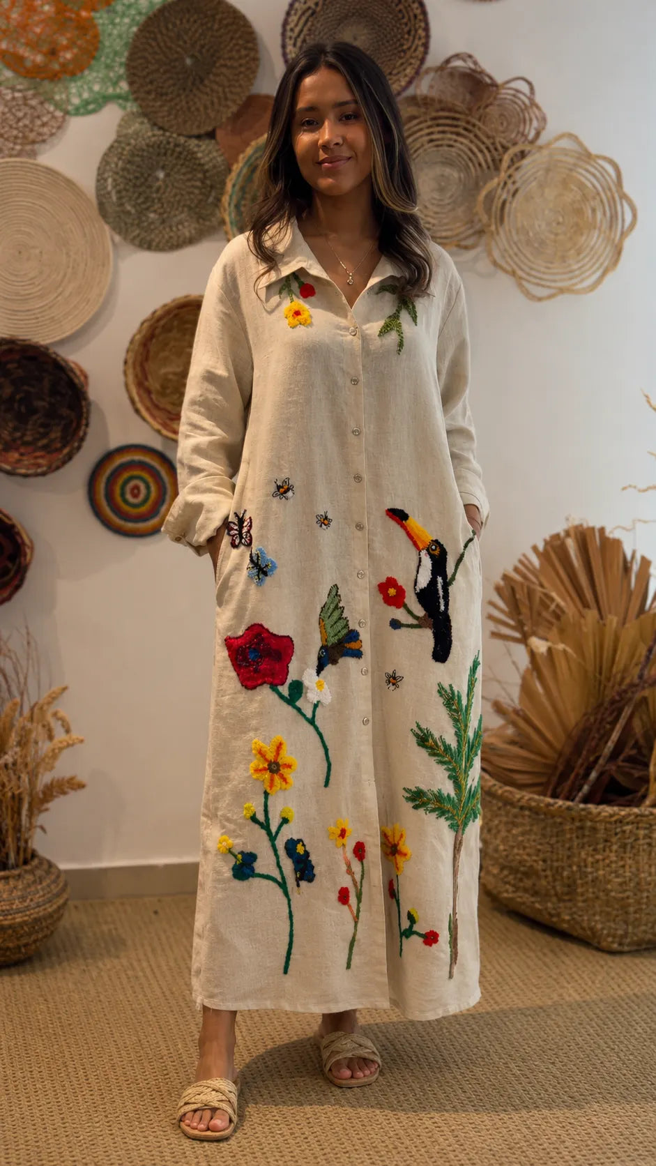Floral & Bird Embroidered Linen Shirt Midi Dress