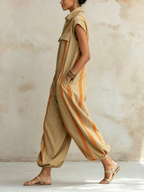 Stand Collar Striped Utility Jumpsuit