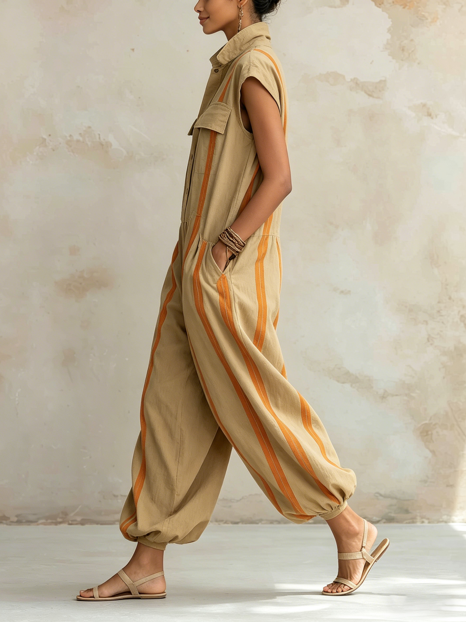 Stand Collar Striped Utility Jumpsuit