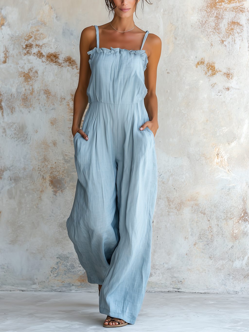 Light Blue Spaghetti Strap Wide Leg Jumpsuit