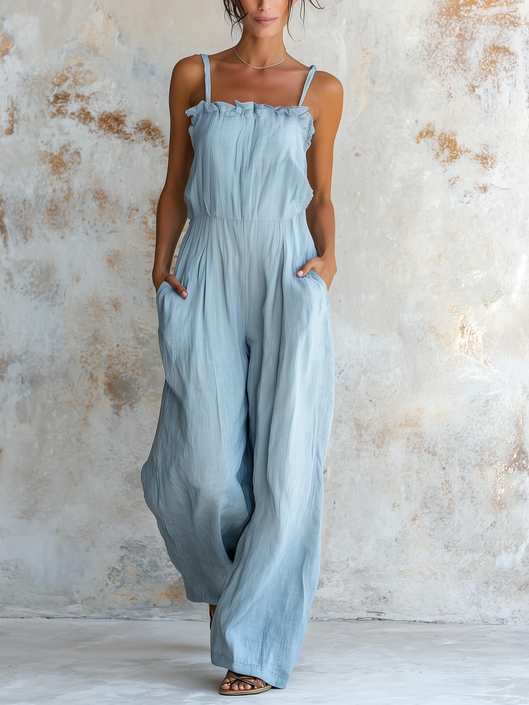 Light Blue Spaghetti Strap Wide Leg Jumpsuit