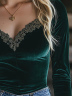 (clearance)V-neck Velvet Lace Slim-fit Long-sleeved Shirt